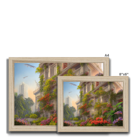 An artwork painted photo can be seen on a wooden window frame.