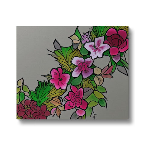Art picture of flowers on white card plate with color and pattern on the side.