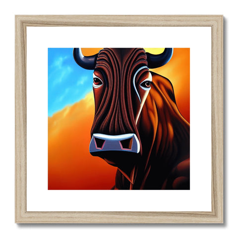 A cow is posing with a pair of horns in an art print.