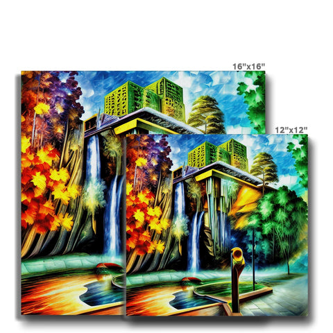 Art painting of trees and buildings on the side of a building.