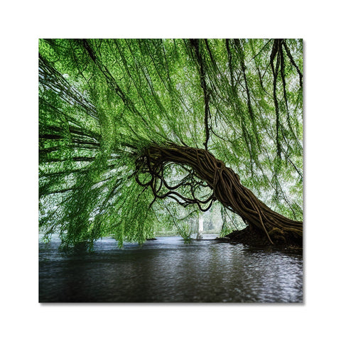 Art print of a tree branch in a lake with flowers and vegetation and leaves.