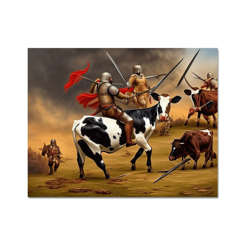 Men standing in battle over a field of cows and cows.