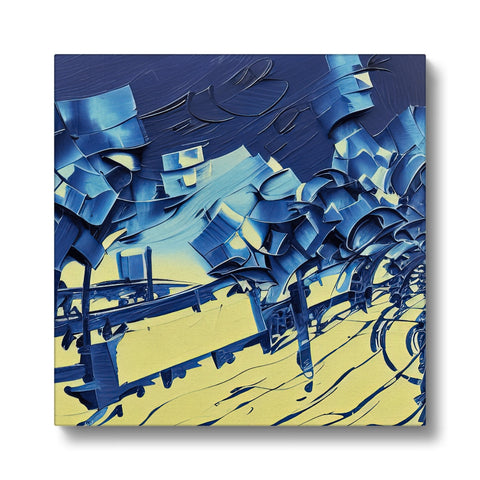 An abstract painting of several trees on a blue frame hanging on a pole.