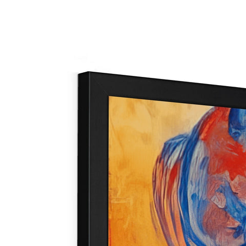 A picture frame with art on top of it shows an abstract painting.