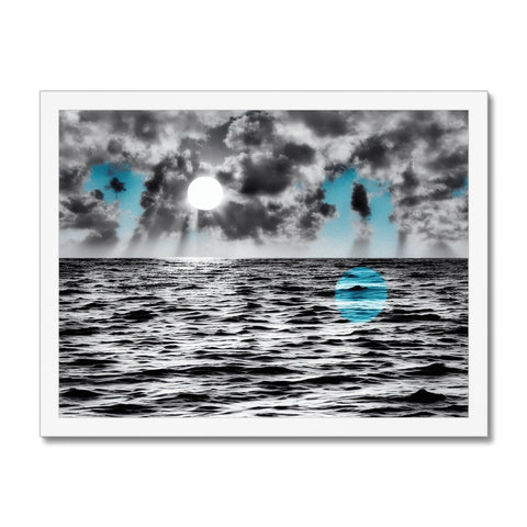 Art print of green and blue clouds on top of gray water.