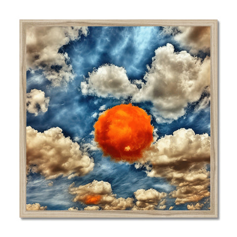 An art print is above a sky with two orange clouds.