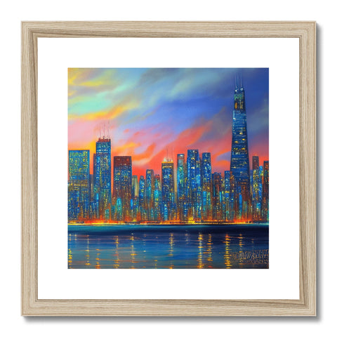 A framed art print of a skyline with a sunrise and a light reflecting in a building