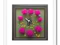 A cute little decorative clock is hanging in a wall next to an art print.