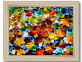 A picture of an art print covered in colorful wood frames.