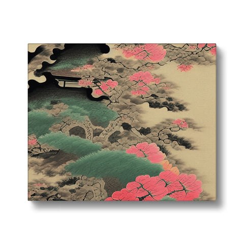 An oriental art print on ceramic tile on a wall with flowers on it.