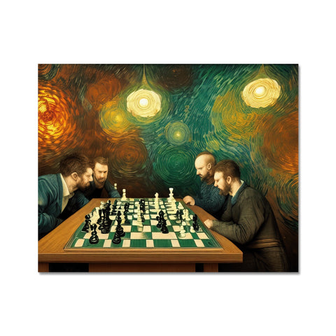 An art print sitting behind many men in a dining room with a chess board.