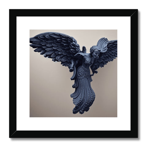 A framed art print of a painted angel carrying a bird with wings attached to its back