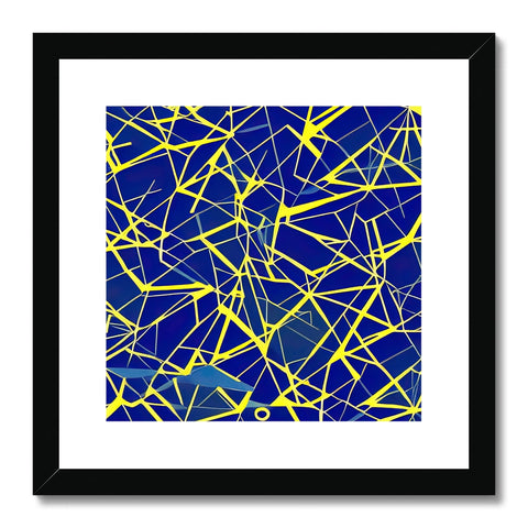 An art print in blue, black and yellow with a fish on top of it,