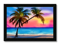 Art print is displayed sitting on a beach on a tropical island in the sunset.