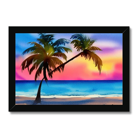 Art print is displayed sitting on a beach on a tropical island in the sunset.
