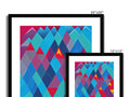 Three colorful geometric and geometric prints hanging on a wall.