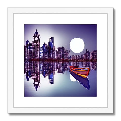 An art print with a series of rowboats near city people.