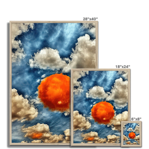 A blue and orange art print has a photo of a cloud on it.