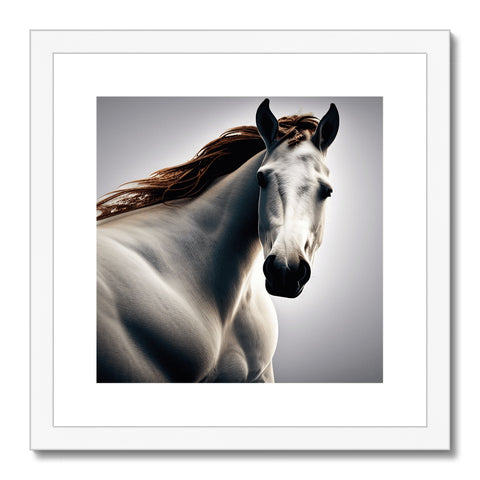 A white horse on a horseboard is shown in a frame of a white frame of