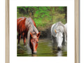 A couple of horses are standing by a stream next to wood frames on a wall.