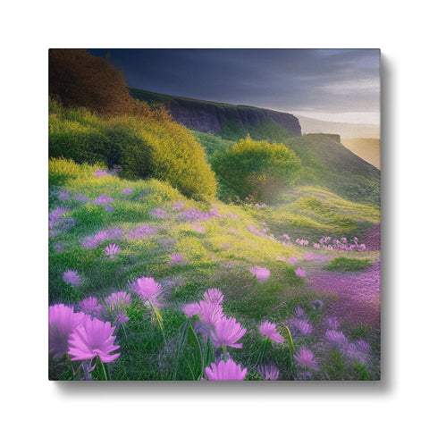 Art print from a mountain view of a beautiful grass meadow with mountains at day's