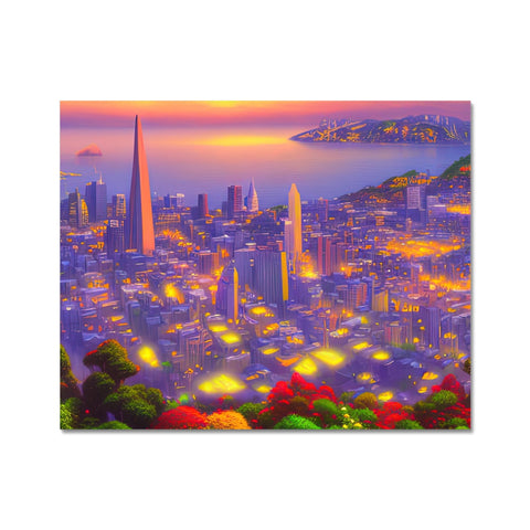A place mat printed with pictures of San Francisco surrounded by a sunset in the distance.