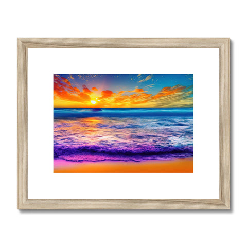 A framed photo of a sunset sitting in front of a wall with many colorful seas surrounding
