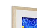 a picture frame with a very small photo with a large blue picture with artwork on it