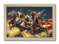 Art print of horses racing on horse back side of road with horses.