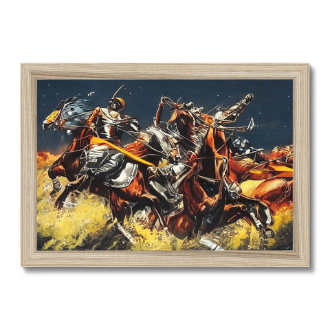 Art print of horses racing on horse back side of road with horses.