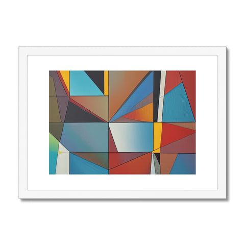 A colorful and geometric art print on a white wall on a wooden platform.