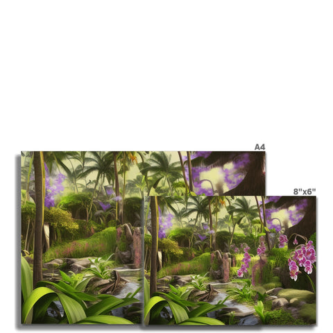 A tropical forest with a lush green landscape with purple orchids in that flower bed
