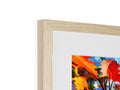 A picture frame in a piece of furniture holds a wooden frame with an art print on