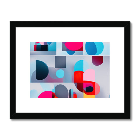 A framed image of an abstract print on the white wall with a colorful fabric.
