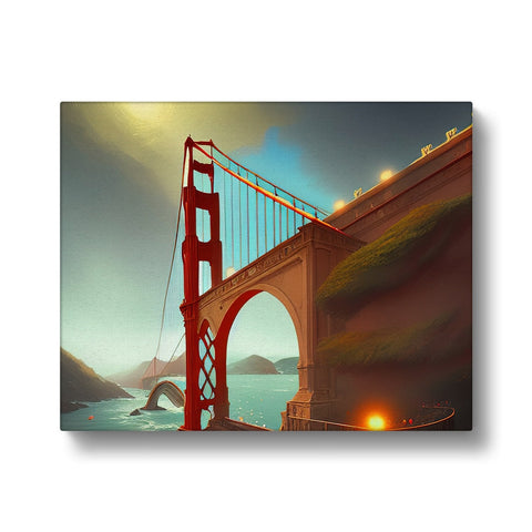 A large blue photo frame with colorful artwork of the Golden Gate Bridge.