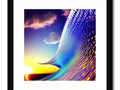 A gold framed image of a sunny beach with a large wave on a sunset and many