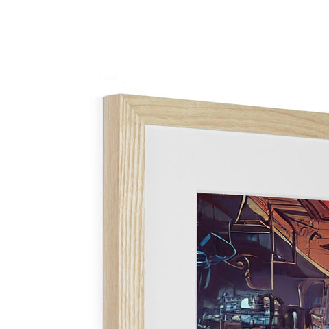 A picture of a wooden frame with a couple of pieces of art on it.