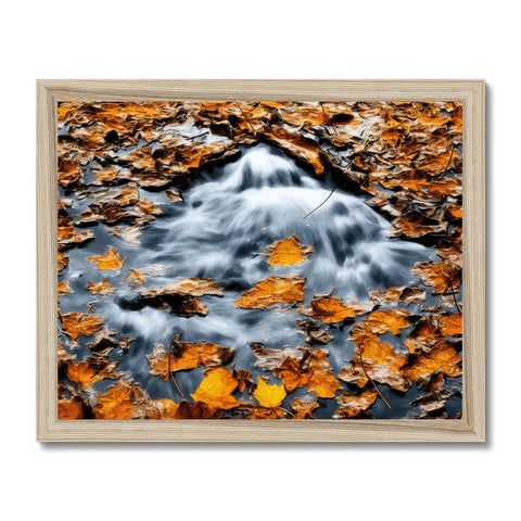 An art print on a wood frame of a small stream running in a waterfall.