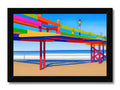 a large picture of santa monica and a pier on a beach with colorful sculptures