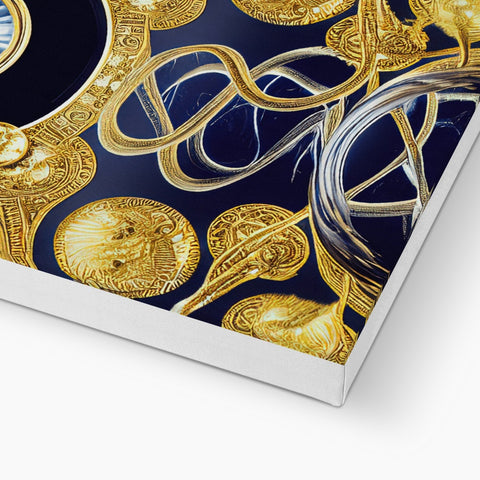 Beautiful gold foil artwork on a black and silver tray holding various dishes on a kitchen