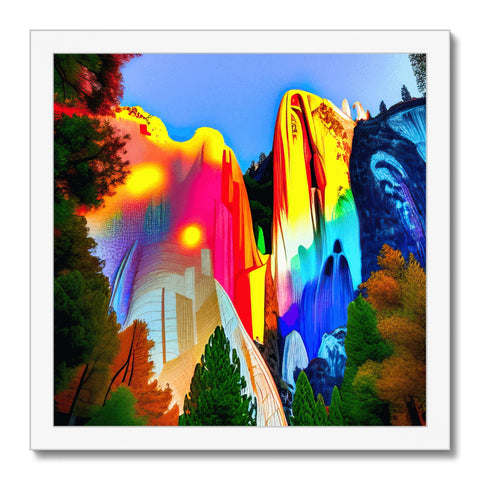 Art print of redwood tree with rainbow on the water.