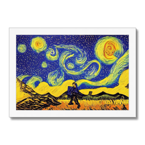 an artwork that depicts man standing in a field in the woods near the stars
