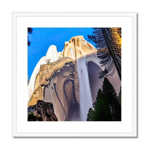 Art print of a group of rock covered mountains with a cliff in the background.