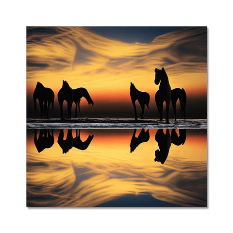 The animal pictures are on a large art print that shows two horses surrounded by water.