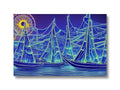 A colorful array of sailboats with sailboats in the water in one corner of the