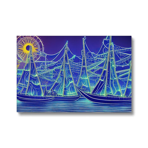 A colorful array of sailboats with sailboats in the water in one corner of the