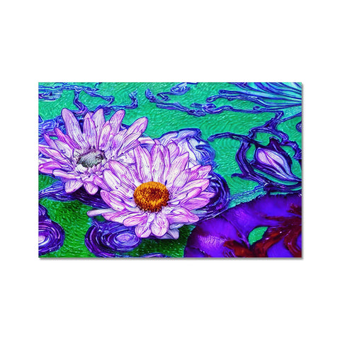 A purple card on a cloth with water lilies on it.