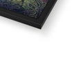 A picture frame with a green and red textured metal print on it.