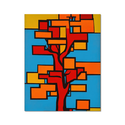 Tree with various colors and geometric designs painted in a square.