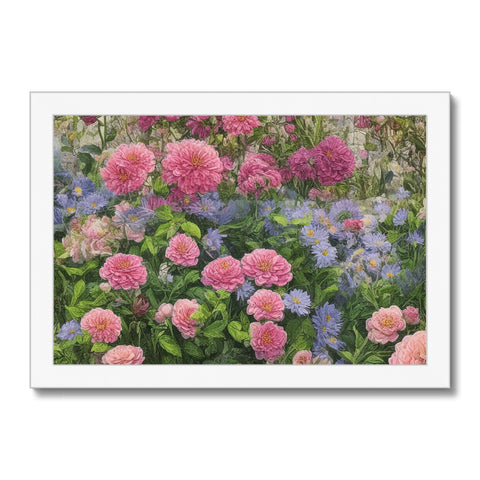 A purple and white flowerbed full of pink flowers in a picture on a white card